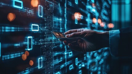 Fototapeta premium A business professional using a blockchain platform to manage digital transactions. The background features a sleek, modern office with high-tech equipment, highlighting the role of blockchain