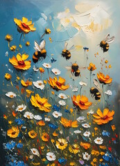 Honeybees on top of wildflowers  oil painting art