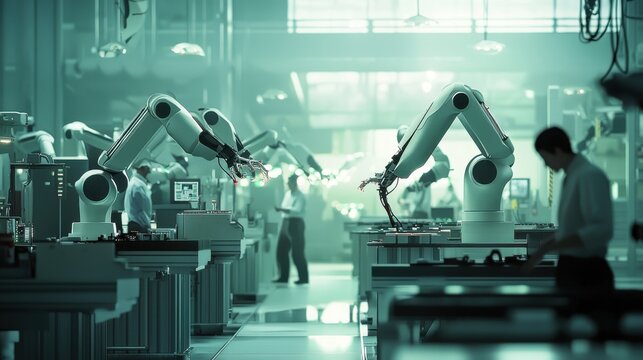 A scene of collaborative robots and humans working together in an industrial setting. The robots assist the workers in performing complex tasks, symbolizing the harmony between human intelligence and