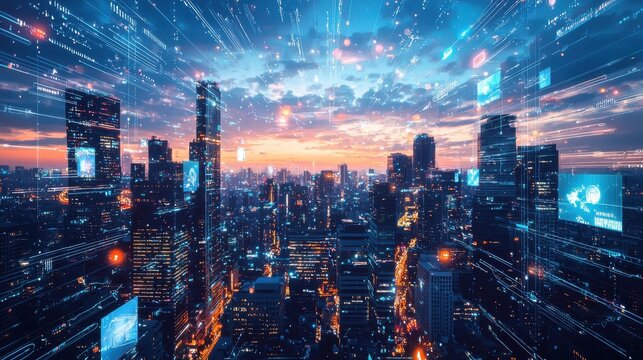A futuristic cityscape with innovative technology and smart devices prominently featured. The skyline is illuminated with holographic advertisements and interactive elements, representing the digital
