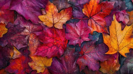 Vibrant autumn leaves in various shades of red, orange, and purple create a stunning natural tapestry on the ground.