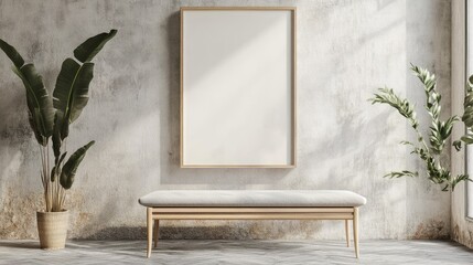 Blank wall frame above a simple bench in a Scandinavian-style room