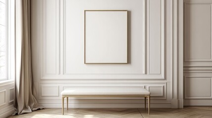 Blank wall frame above a simple bench in a Scandinavian-style room