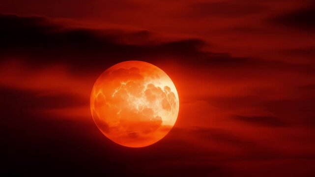 Big blood moon rises in a dark red sky, perfect for halloween with its spooky, eerie glow against the night backdrop, creating a sinister atmosphere for fall