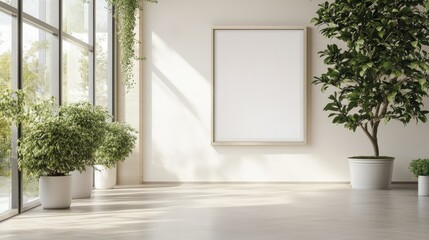 Blank wall frame in a modern, white-walled gallery space