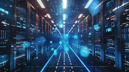 Data Streams in the Digital Corridor: A futuristic server room hums with activity as glowing data packets race through a central corridor, illuminating the cutting-edge technology. - Powered by Adobe