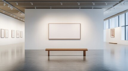 Blank wall frame in a modern, white-walled gallery space