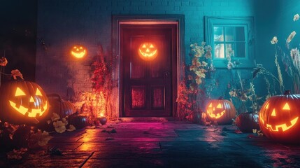 Fototapeta premium Spooky Halloween scene with glowing jack-o'-lanterns and a mysterious door, perfect for seasonal decorations and events.