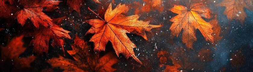Vibrant autumn leaves in warm hues, gracefully floating in a gentle blue background, capturing the essence of fall.
