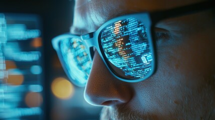 A detailed shot of a programmer analyzing code on a dual-monitor setup, with a focus on the intricate lines of code and the reflection of data streams on the programmers glasses, representing the