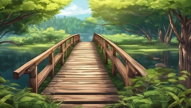 anime forest wood bridge cartoon fantasy woods nature wooden landscape