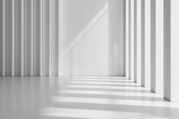 Empty Room with White Walls and Polished Wooden Floor, Minimalist Interior with Vertical Lines on White Wall for Product Presentation