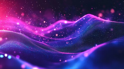 Abstract blue and pink light wave background with bokeh.