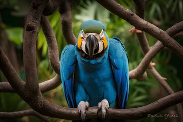 Fototapeta premium Yellow-breasted Blue Macaw in Nature, Forest, Wallpaper, Cover and Screen for Smartphone, Cell Phone, Computer, Laptop, 9:16 and 16:9 Format