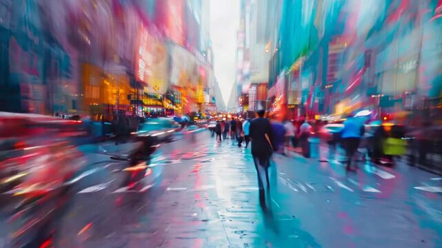 Urban Symphony: A vibrant abstract painting capturing the bustling energy of a city street, with blurred figures and lights creating a dynamic, energetic composition. The painting evokes a sense of mo
