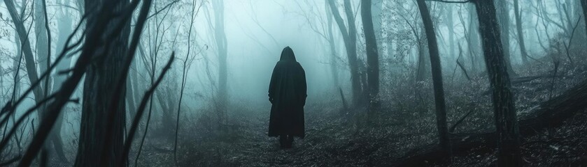 Mysterious figure in a dark forest shrouded in fog, evoking a sense of intrigue and suspense in the eerie atmosphere.
