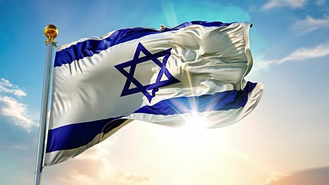 Six israeli flags waving in the wind on a sunny day