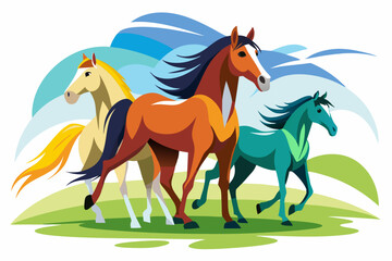Three Horses Running in a Green Meadow with a Blue Sky Background