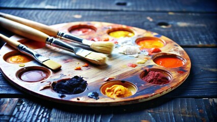 Obraz premium A close-up of an artist's palette, smeared with various shades of orange and yellow paint, with brushes lying nearby on a wooden surface.