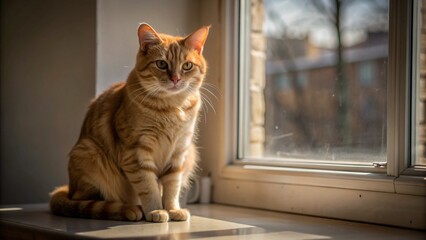 An orange tabby cat sitting on a windowsill, bathed in soft, warm light, its fur glowing against the neutral backdrop of the room.
