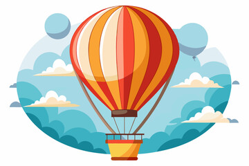 Colorful Striped Hot Air Balloon Ascending in a Blue Sky with Clouds