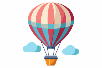 Fototapeta premium A red and blue striped hot air balloon with a basket, ascending above two clouds