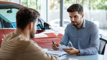 An insurance agent explaining the car insurance claim process to a client in an office setting