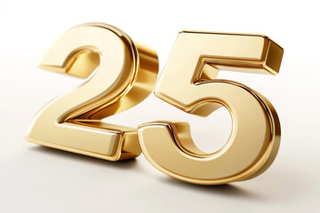 Naklejka premium Golden 3D number 25 on a white background, representing a significant milestone or anniversary.