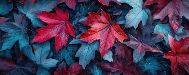 Vibrant autumn leaves in shades of red and blue create a stunning visual display, perfect for seasonal or nature-themed projects.