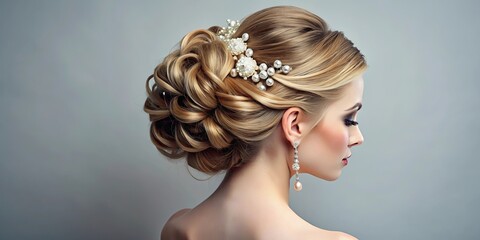 Back view of elegant bridal hairstyle with intricate updo isolated on background