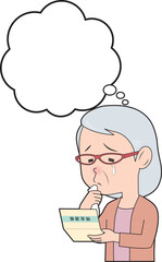 通帳を見て泣くシニア女性