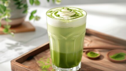 A vibrant green matcha latte with a swirl of milk, served in a glass on a wooden tray.