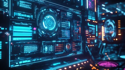 Fototapeta premium Floating holographic interfaces in a dark room