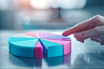 Close-Up of Hand Touching Colorful Pie Chart Segments in a Modern Business Setting