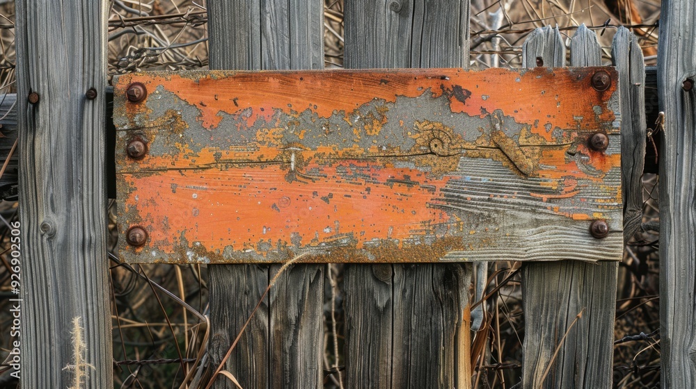 Canvas Prints A weathered wooden sign with rusty nails, leaning against an old fence, creating a rustic and nostalgic mood.