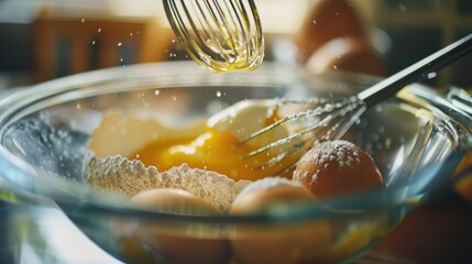 A whisk mixing eggs in a glass bowl, ready for baking or cooking.