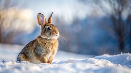 Fototapeta premium Rabbit sitting in the snow on a winter day , rabbit, snow, winter, cold, fluffy, animal, cute, white, nature, wildlife