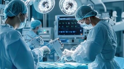 A hospital operating room equipped with AI-driven robotic arms assisting surgeons in performing a complex procedure the team of doctors working with precision and the AI helping guide their actions