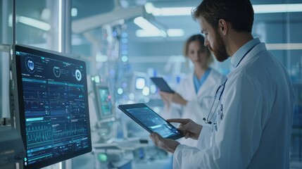An AI-driven health monitoring system in a modern hospital tracking patients vitals in real-time nurses and doctors using tablets to monitor and adjust treatments based on AI recommendations