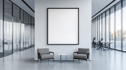 Large blank frame in a minimalist office with sleek furniture