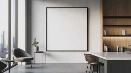 Large blank frame in a minimalist office with sleek furniture