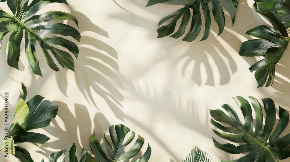 Poster monstera leaves with a soft shadow, creating a natural frame with space for text in the center