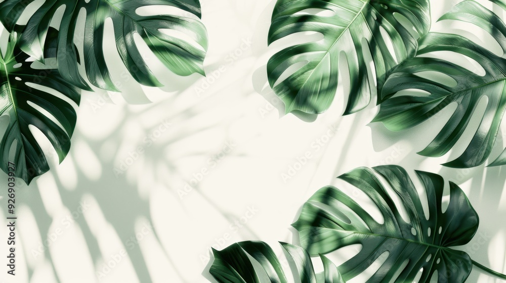 Poster monstera leaves with a soft shadow, creating a natural frame with space for text in the center