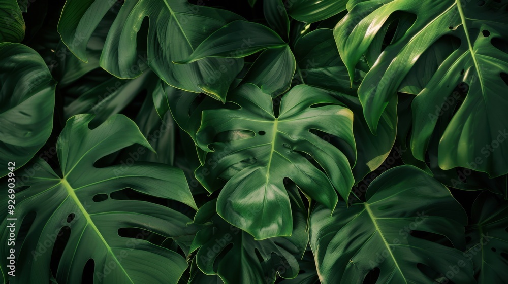 Poster monstera leaves with a soft shadow, creating a natural frame with space for text in the center