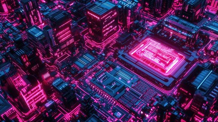 Obraz premium Neon-lit circuit boards a cityscape