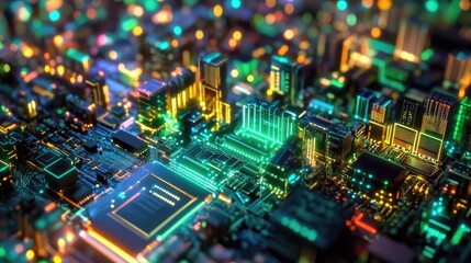 Neon-lit circuit boards a cityscape