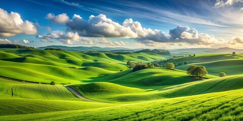 Obraz premium Scenic green field with blue sky and rolling hills perfect for wallpaper or background
