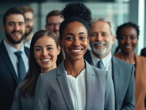 Diverse Business Team Standing Confidently in Modern Office, Canon R5 DSLR Captures Ultra-Realistic Corporate Portraits