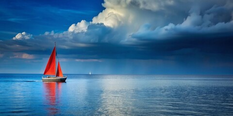 Sailing boat with red sail on calm blue sea under dark sky, sailing, boat, red sail, calm, blue sea, dark sky, peaceful