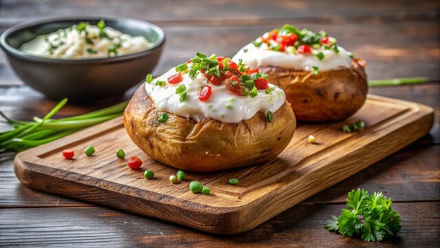 Loaded Turkish kumpir baked potato with sour cream and chives on wooden board, Turkish, kumpir, food, loaded, baked